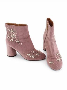 Zara Dusty Pink Pearl & Crystal Suede Ankle Boots - Size 7.5-8